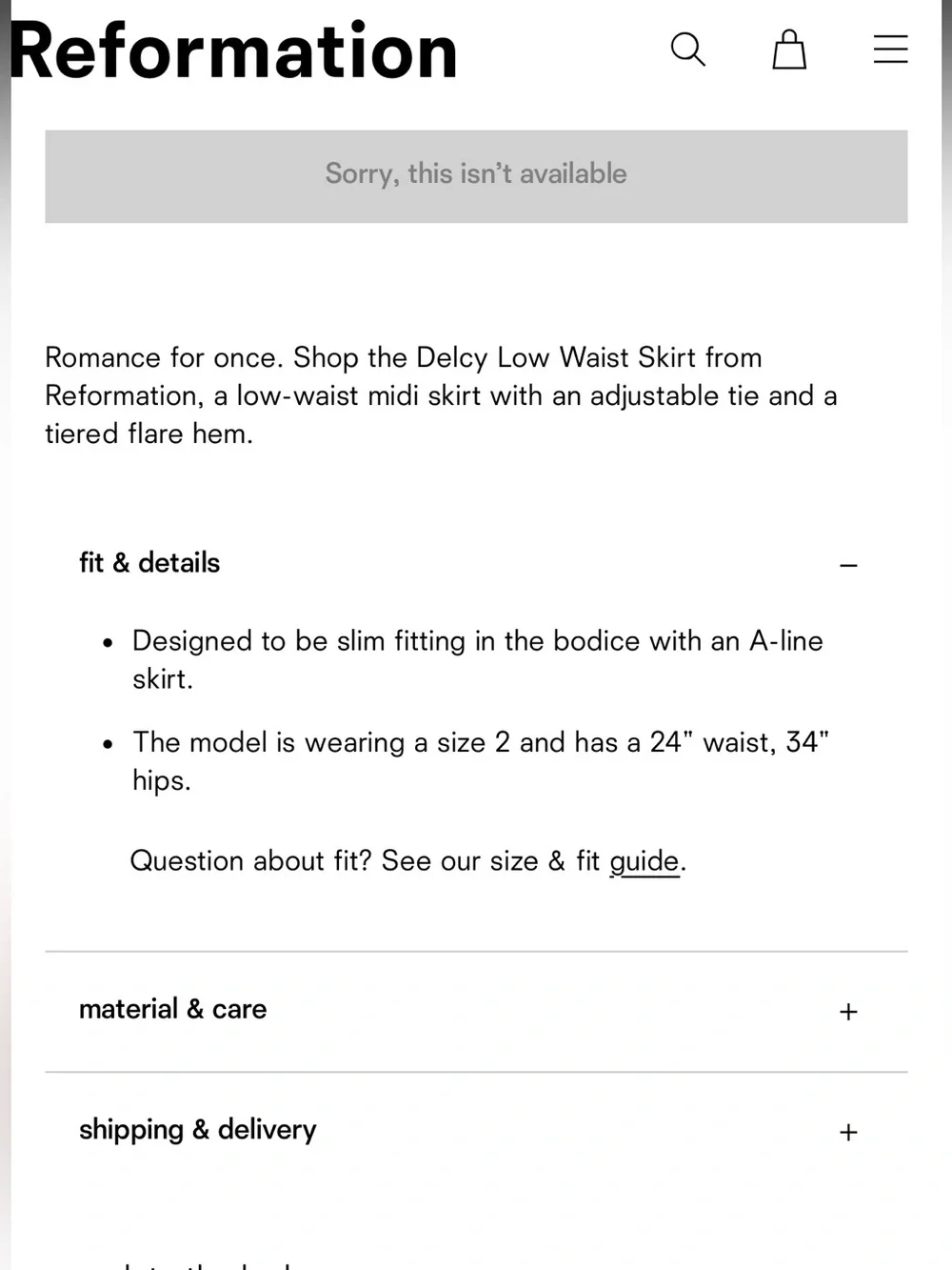 NWT Reformation Delcy Low Waist Skirt